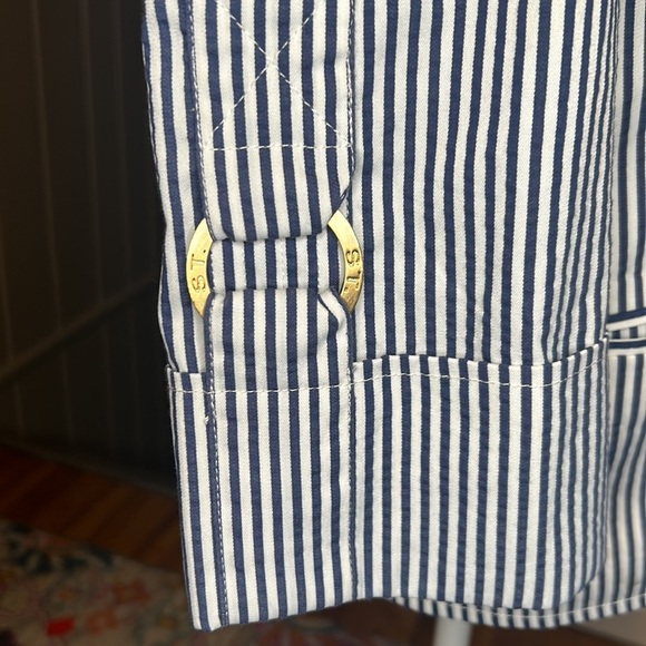 St. John Blazer Jacket Cotton Blend Seersucker Striped White and Blue Size 12 - Picture 5 of 9